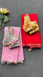 Red organza saree with cotton hand worked blouse
