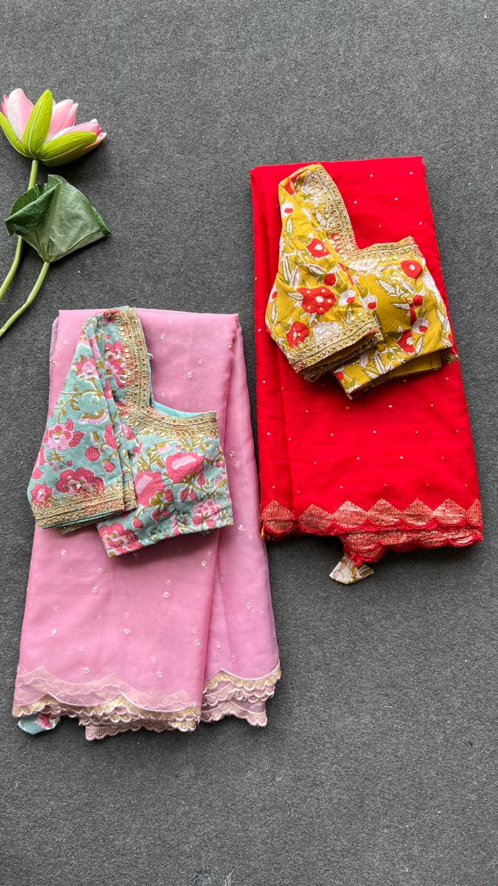 Red organza saree with cotton hand worked blouse