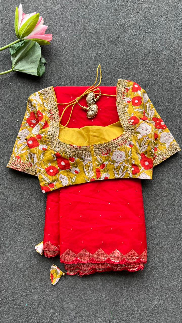 Red organza saree with cotton hand worked blouse