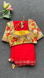 Red organza saree with cotton hand worked blouse