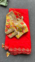 Red organza saree with cotton hand worked blouse