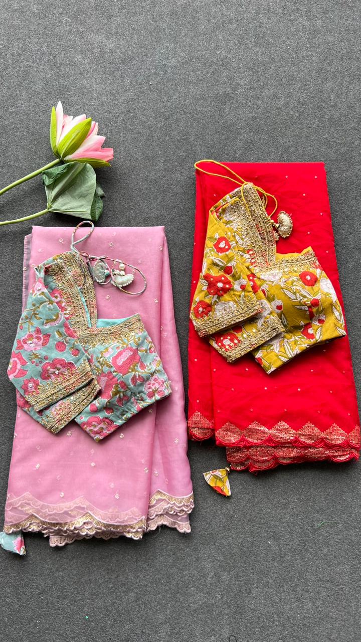 Red organza saree with cotton hand worked blouse