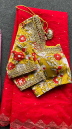 Red organza saree with cotton hand worked blouse