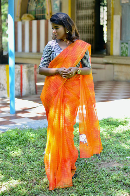 Multi organza checked saree with cow embroidery blouse