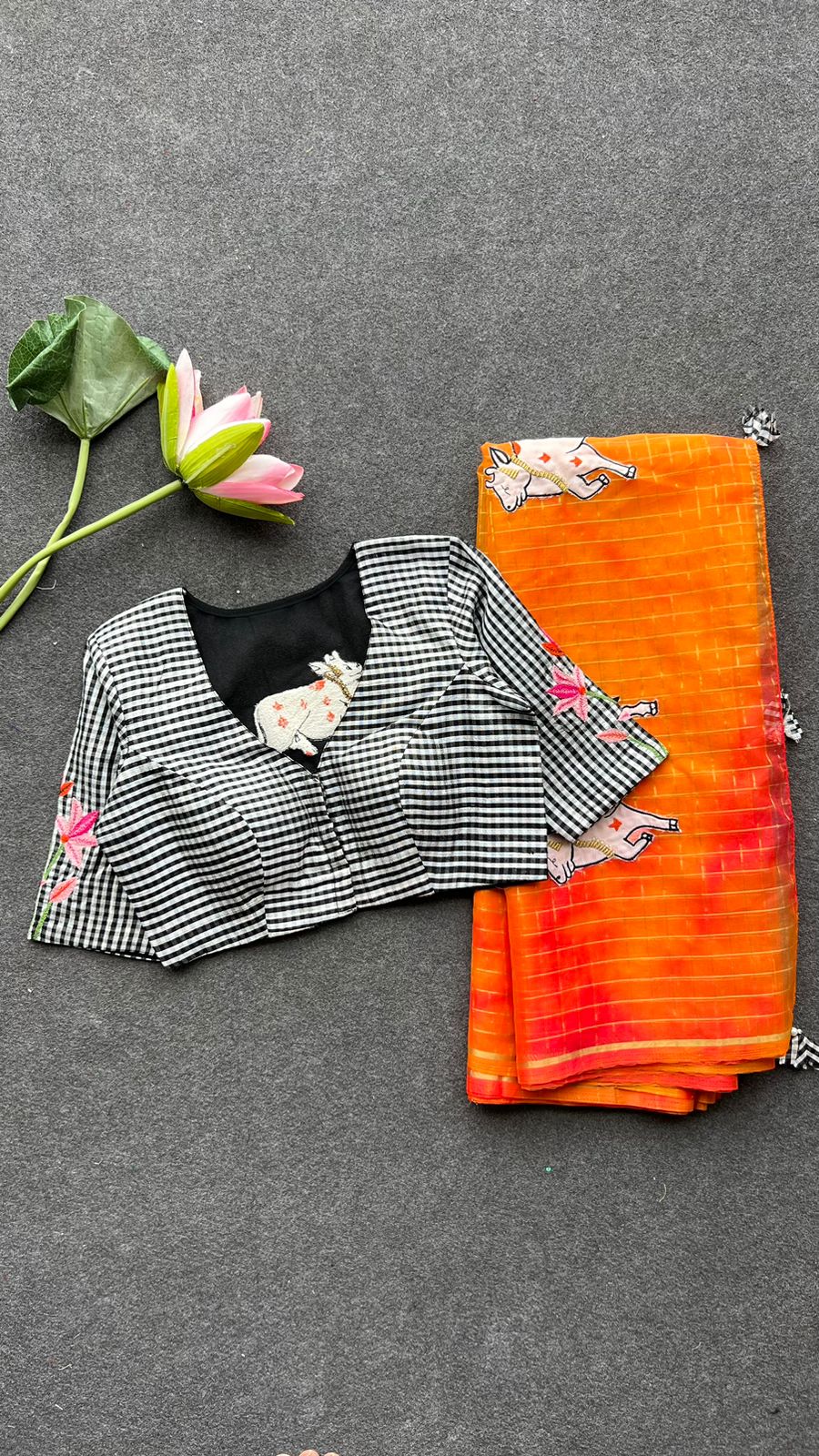 Multi organza checked saree with cow embroidery blouse