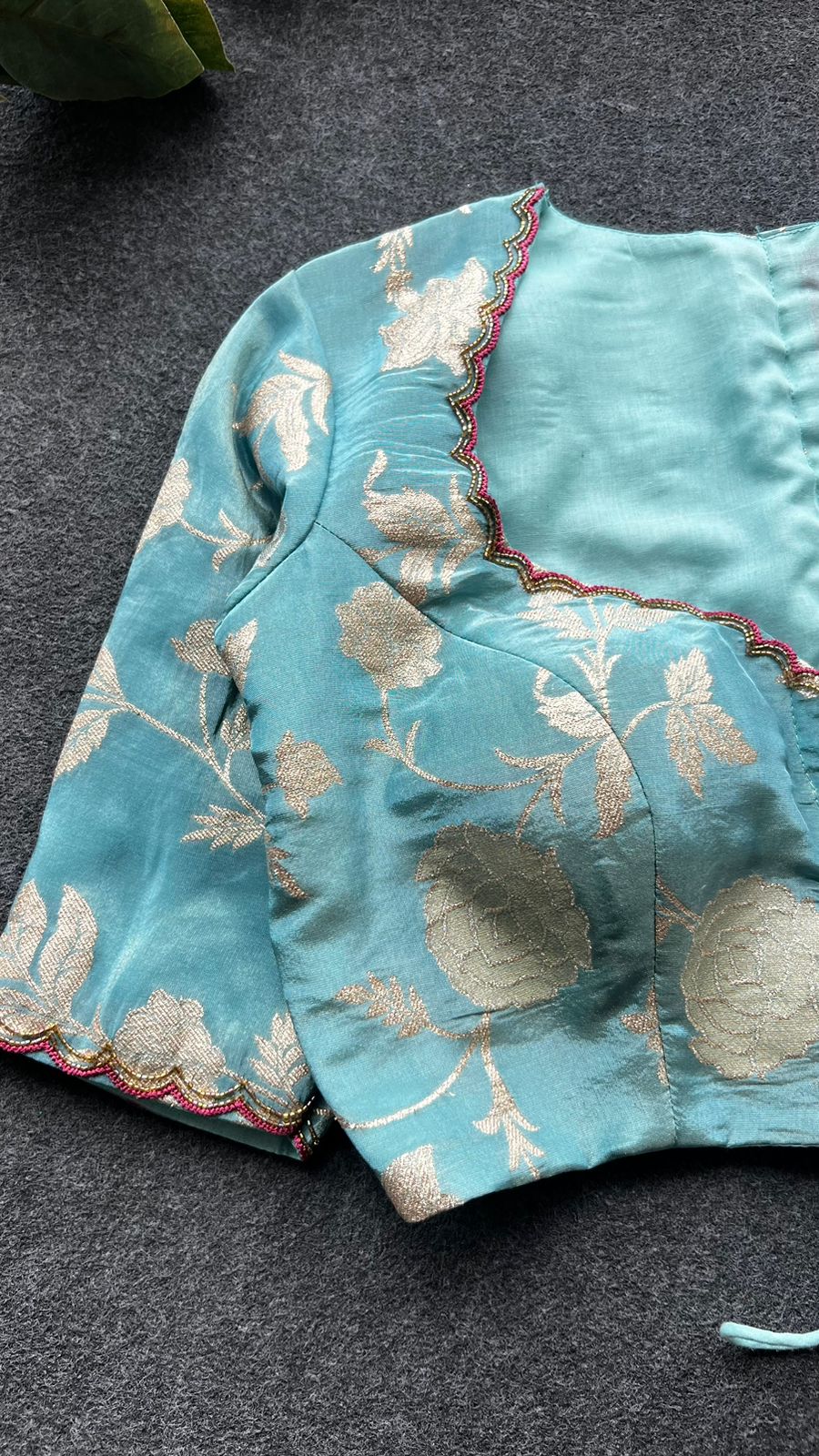 Blue tissue banarasi hand worked blouse (Only blouse)