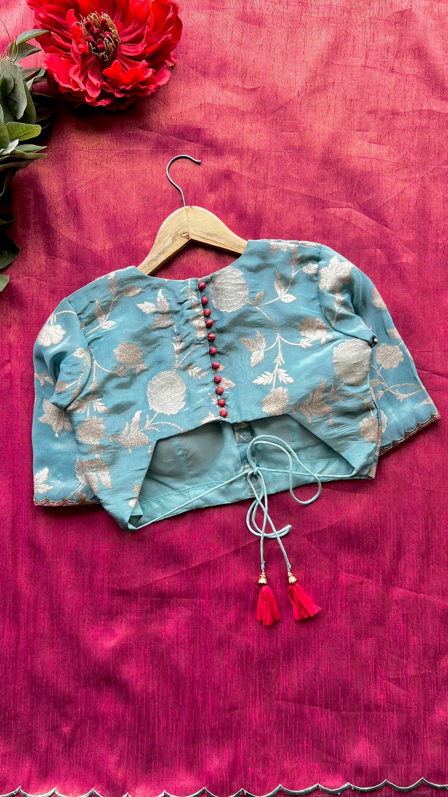 Blue tissue banarasi hand worked blouse (Only blouse)