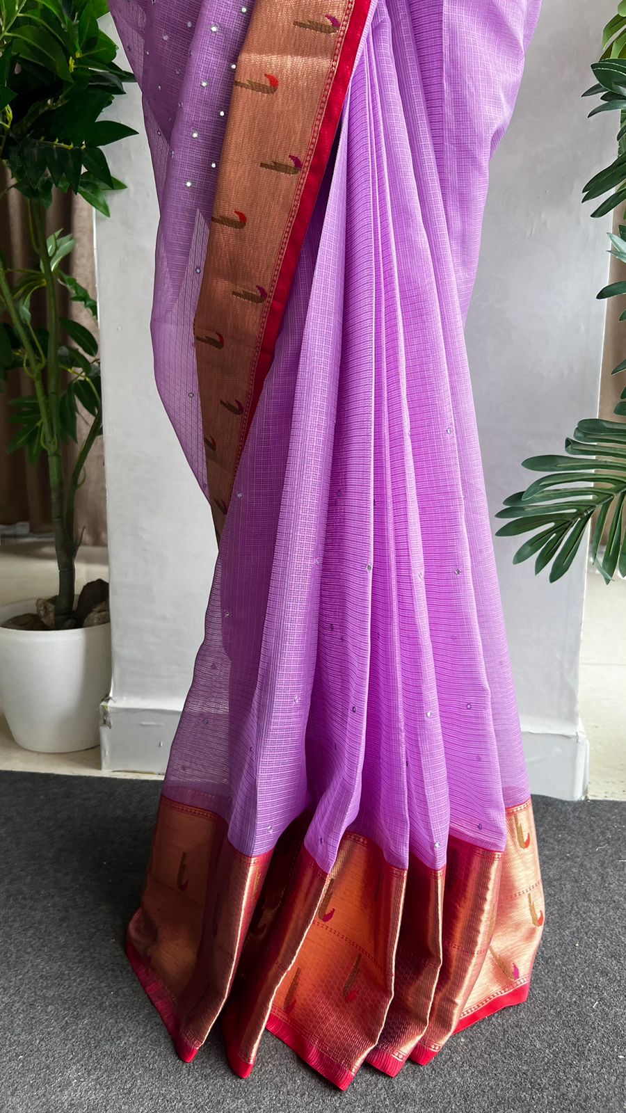 Lavender kota embroidery saree with maroon blouse