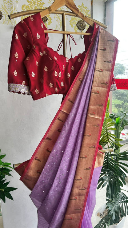 Lavender kota embroidery saree with maroon blouse