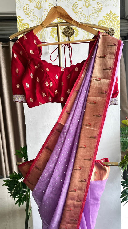 Lavender kota embroidery saree with maroon blouse