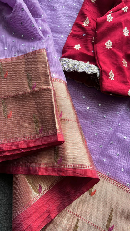 Lavender kota embroidery saree with maroon blouse