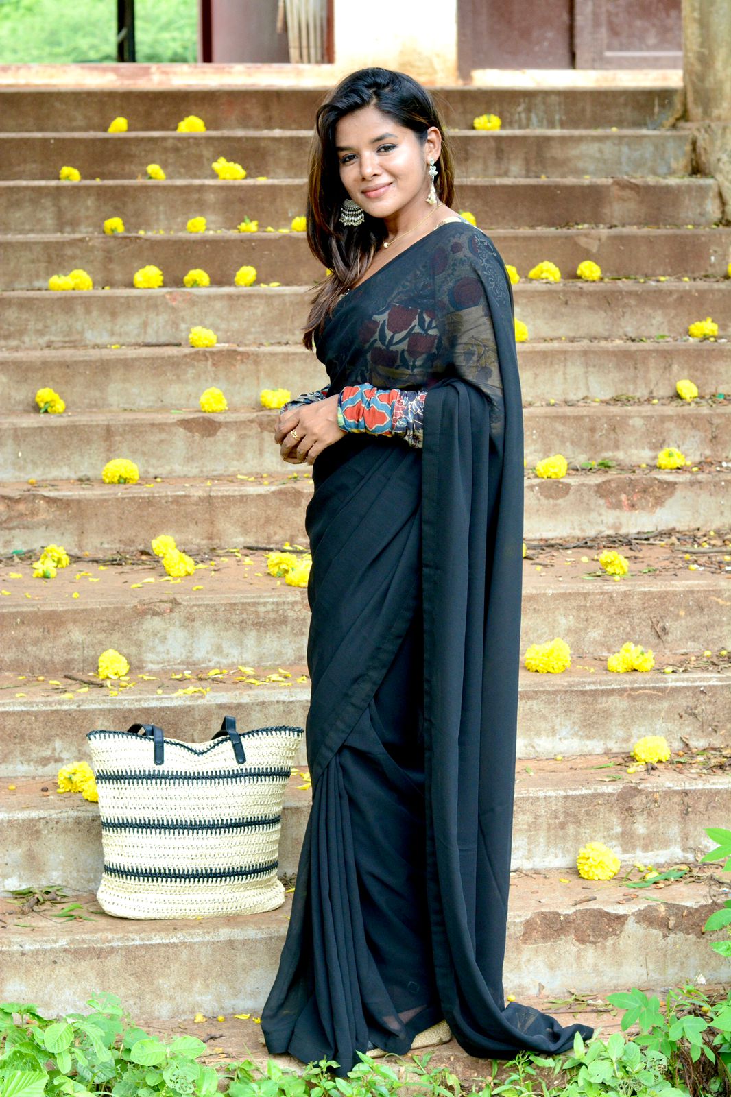 Black georgette saree with cotton hand block printed blouse