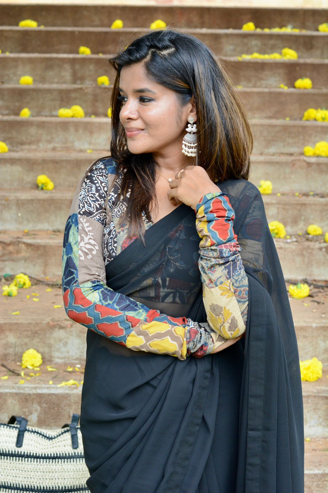 Black georgette saree with cotton hand block printed blouse