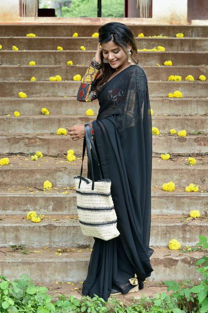 Black georgette saree with cotton hand block printed blouse