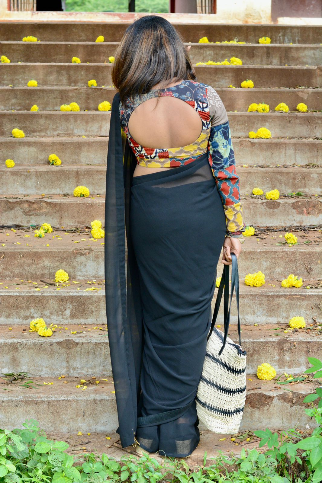 Black cotton hand block printed blouse (only blouse )