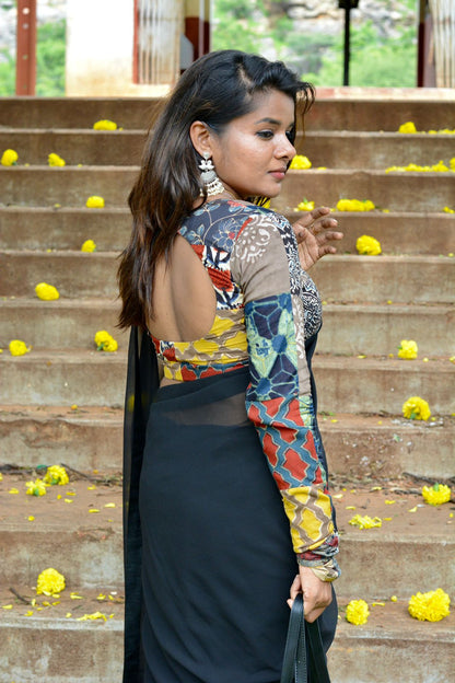 Black georgette saree with cotton hand block printed blouse