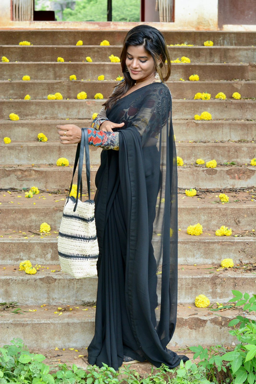 Black georgette saree with cotton hand block printed blouse