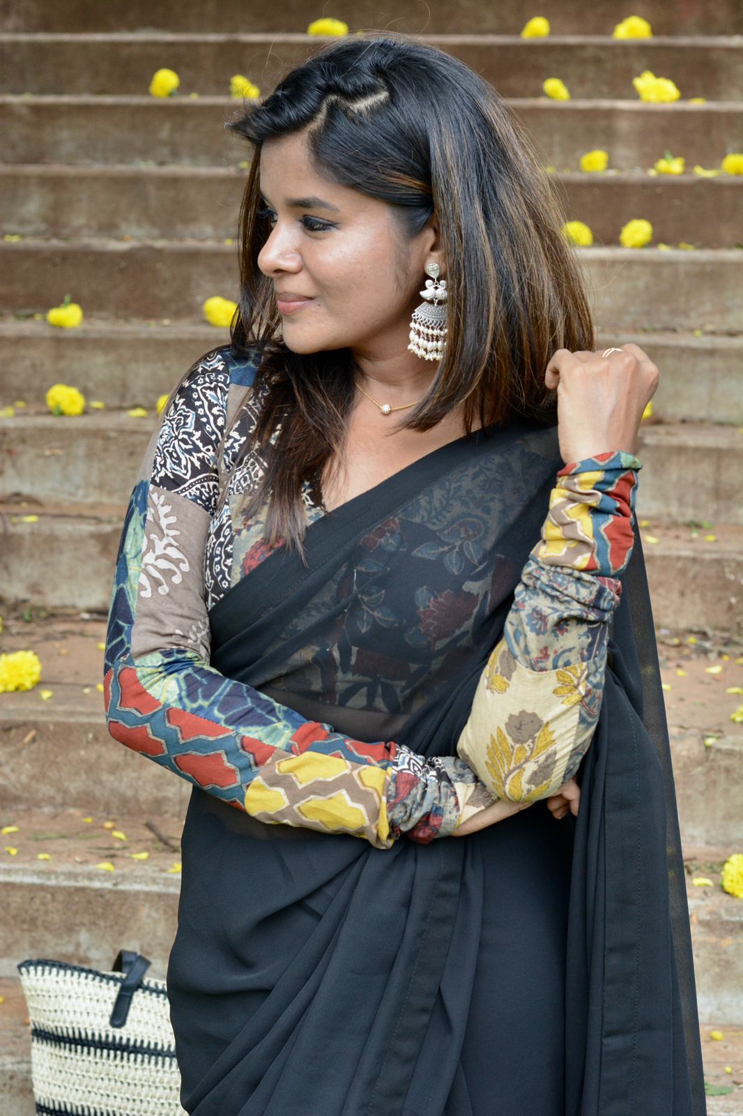 Black cotton hand block printed blouse (only blouse )