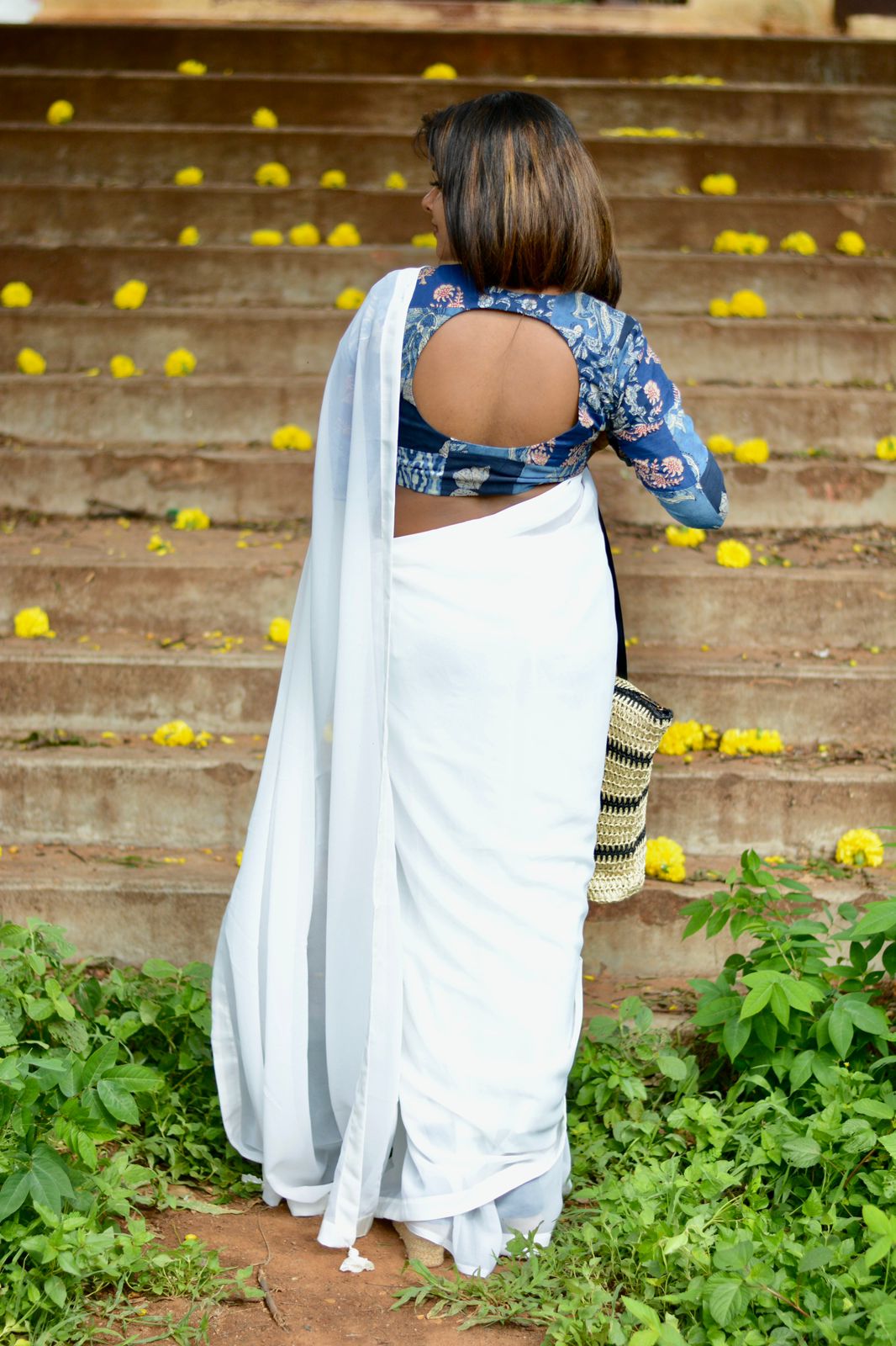 White georgette saree with cotton hand block printed blouse