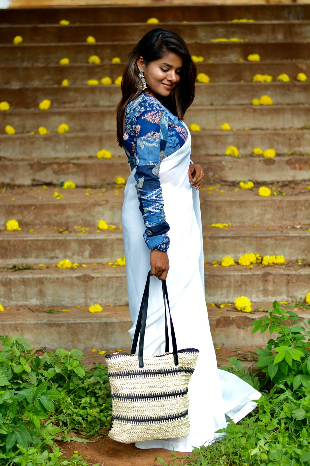 White georgette saree with cotton hand block printed blouse