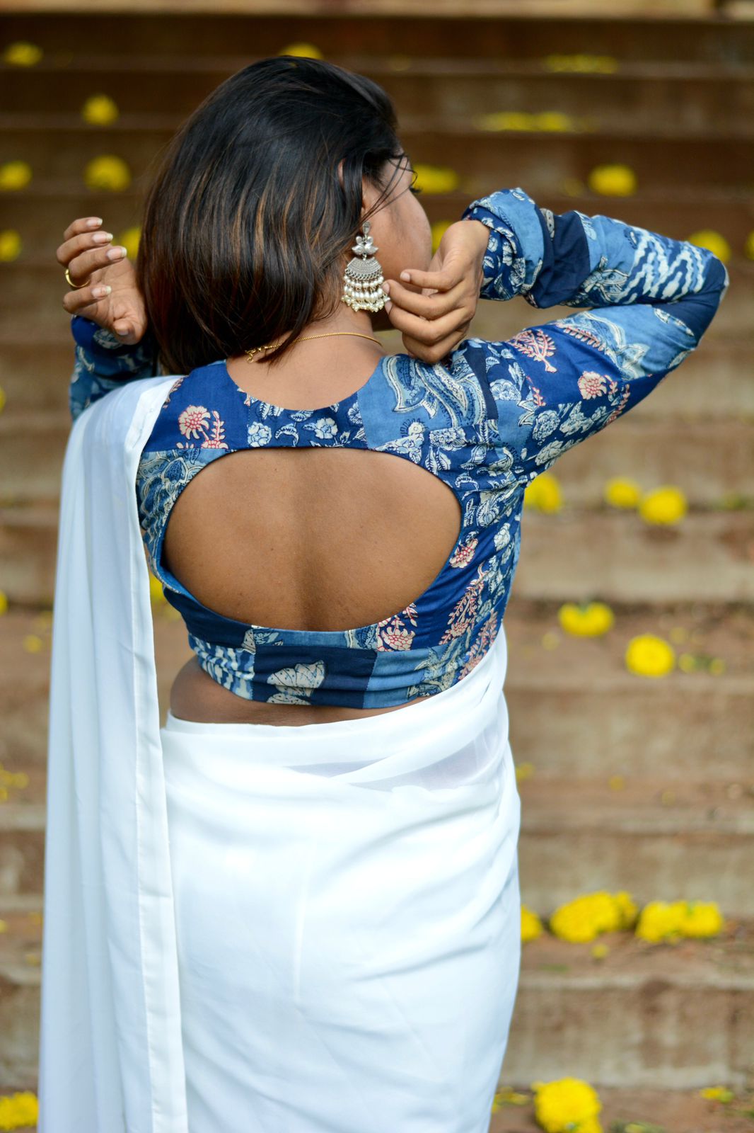 White georgette saree with cotton hand block printed blouse