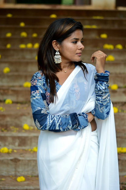 White georgette saree with cotton hand block printed blouse