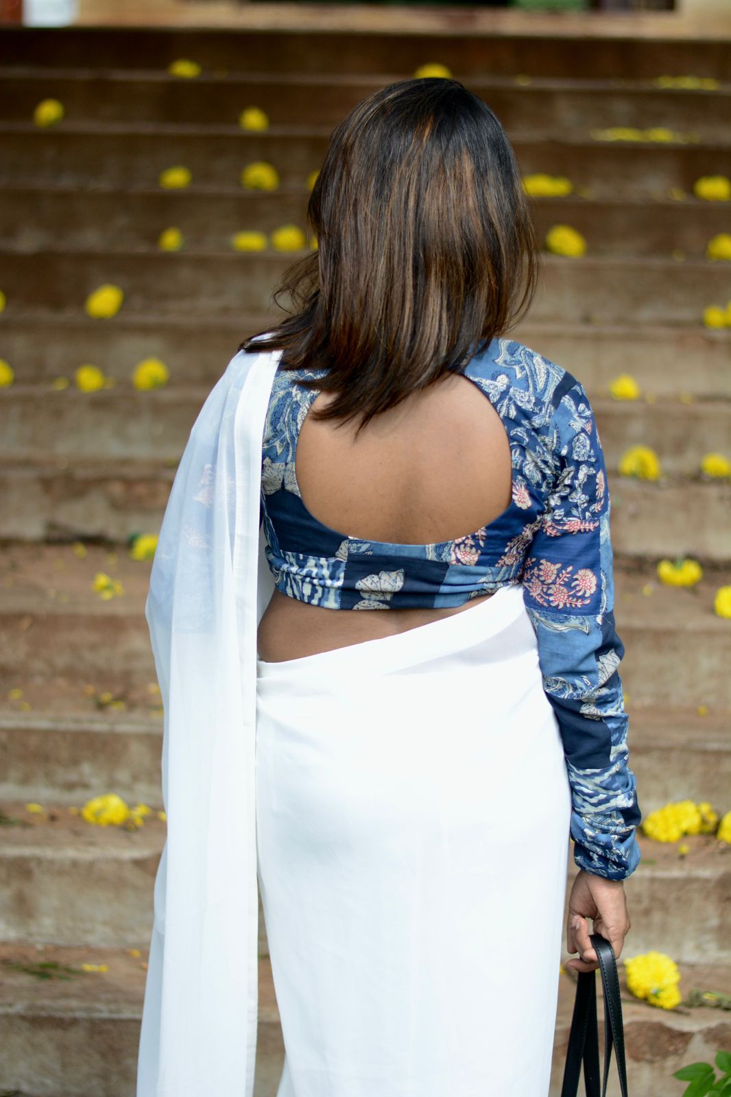 White georgette saree with cotton hand block printed blouse