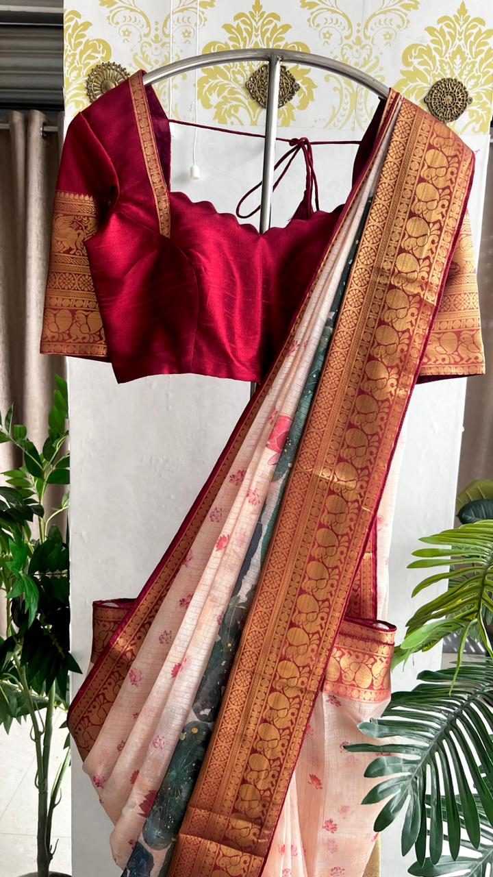 Beige kota printed saree with maroon blouse