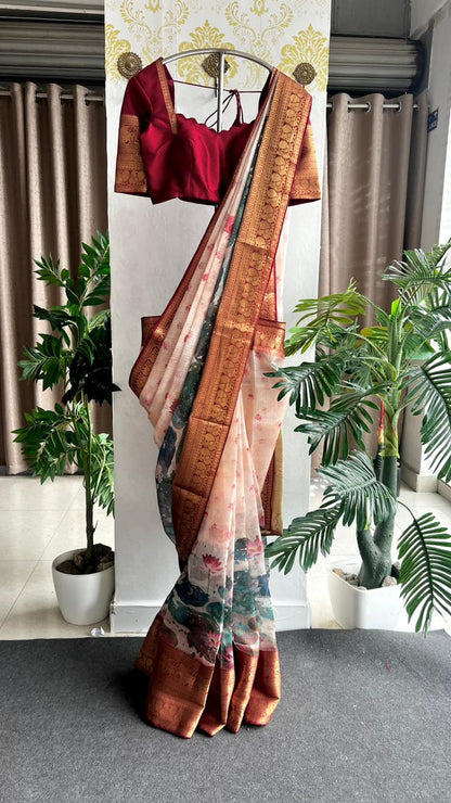 Beige kota printed saree with maroon blouse