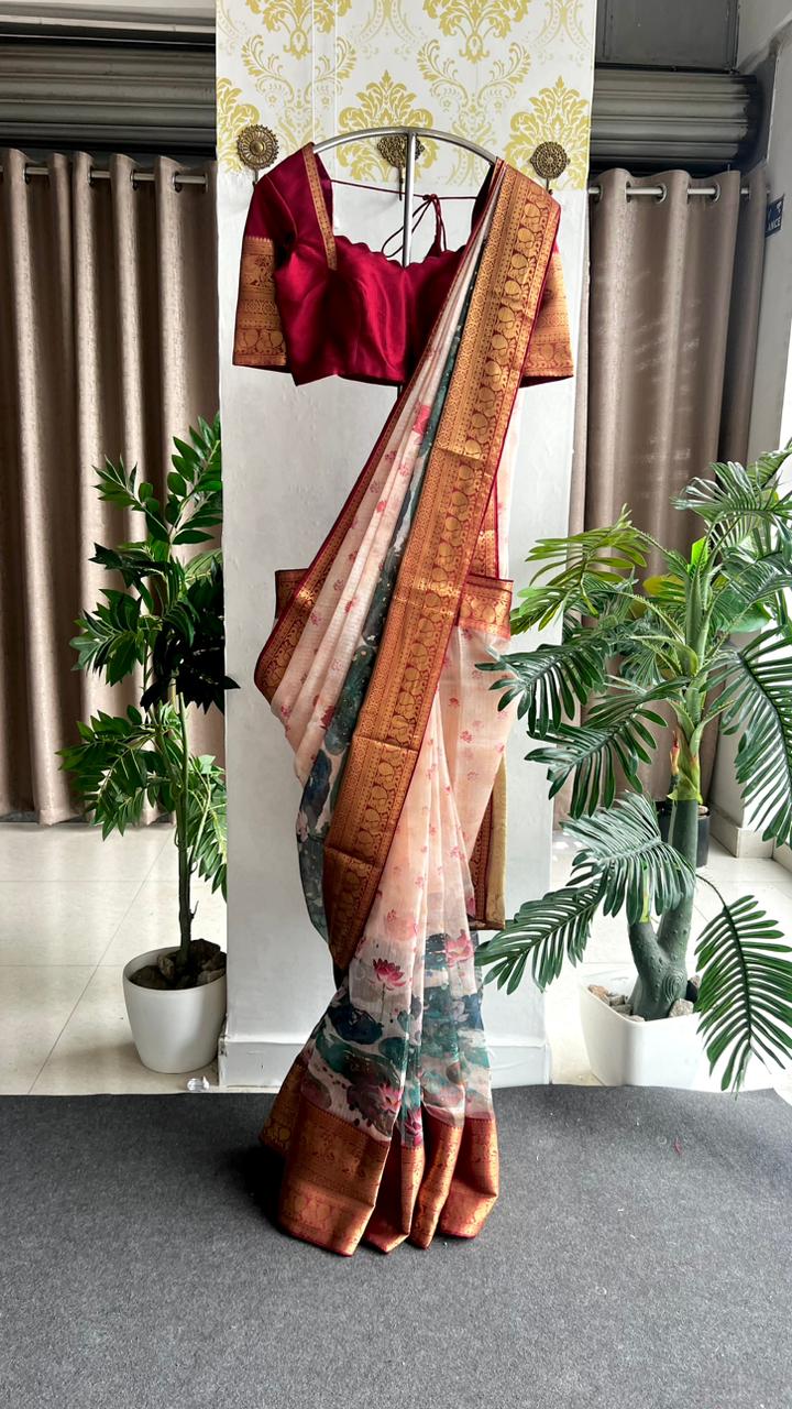 Beige kota printed saree with maroon blouse