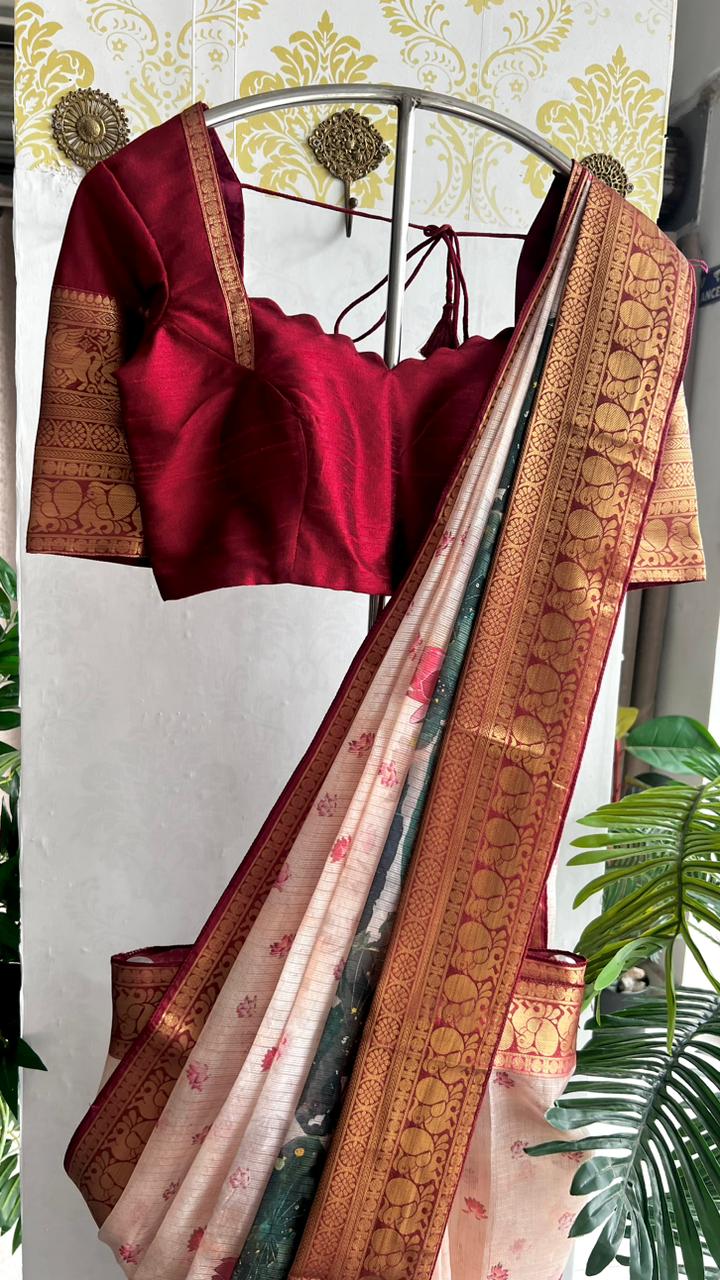 Beige kota printed saree with maroon blouse