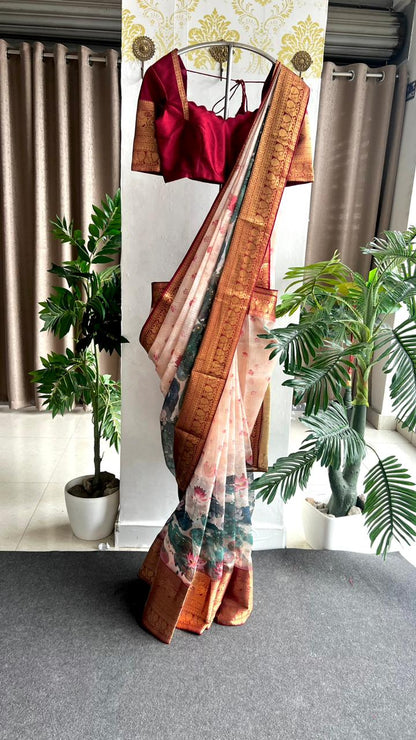 Beige kota printed saree with maroon blouse