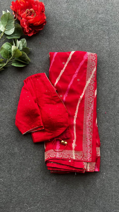 Red lehariya chiffon saree hand work blouse