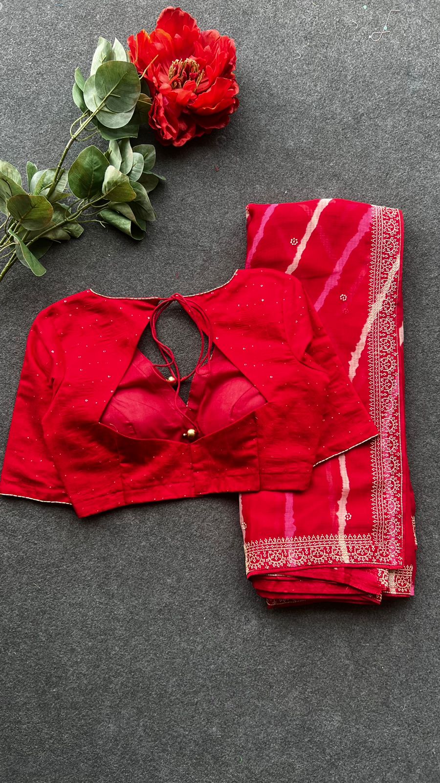 Red lehariya chiffon saree hand work blouse