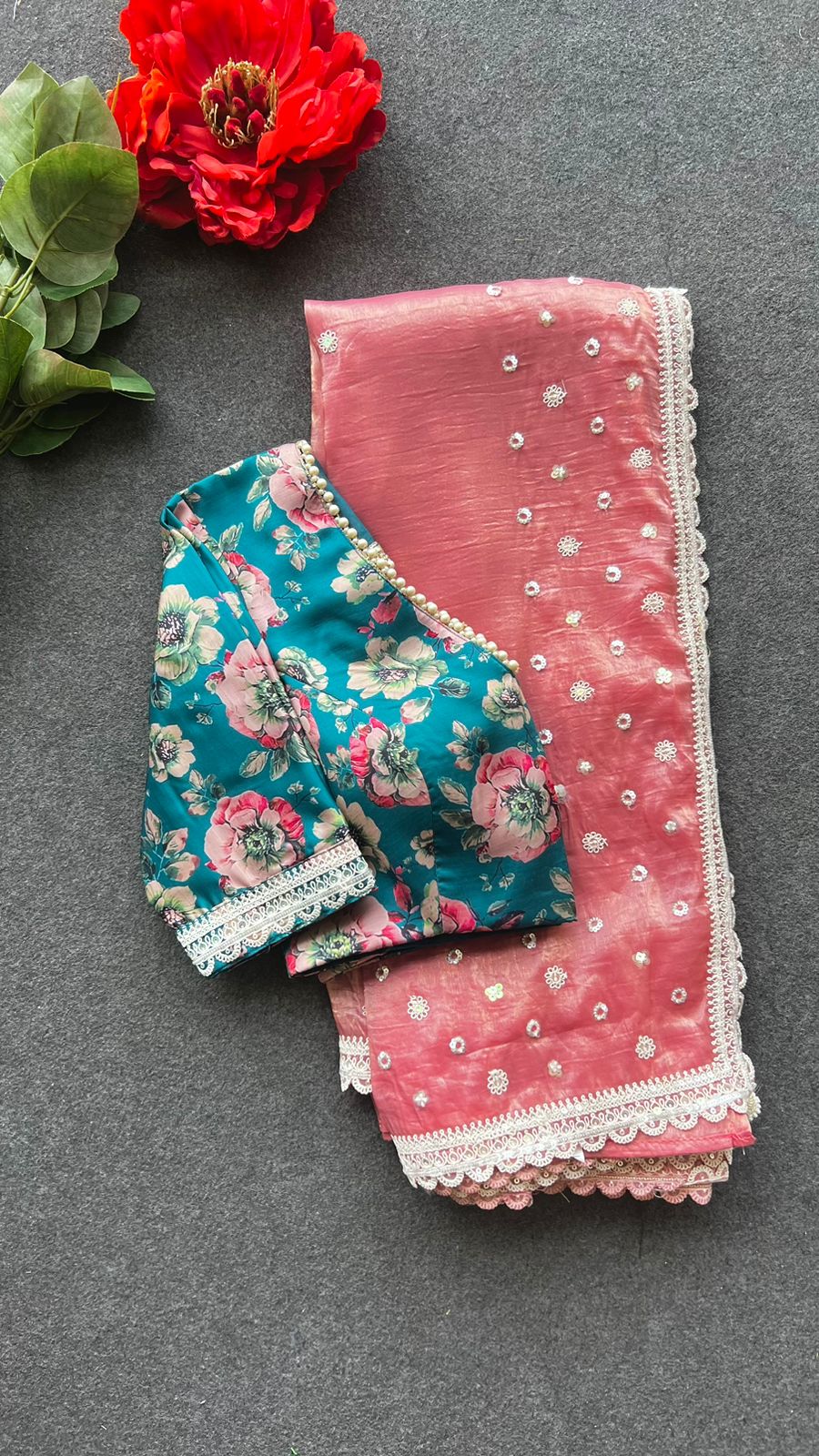 Peach soft glass tissue saree with green floral embroidery blouse