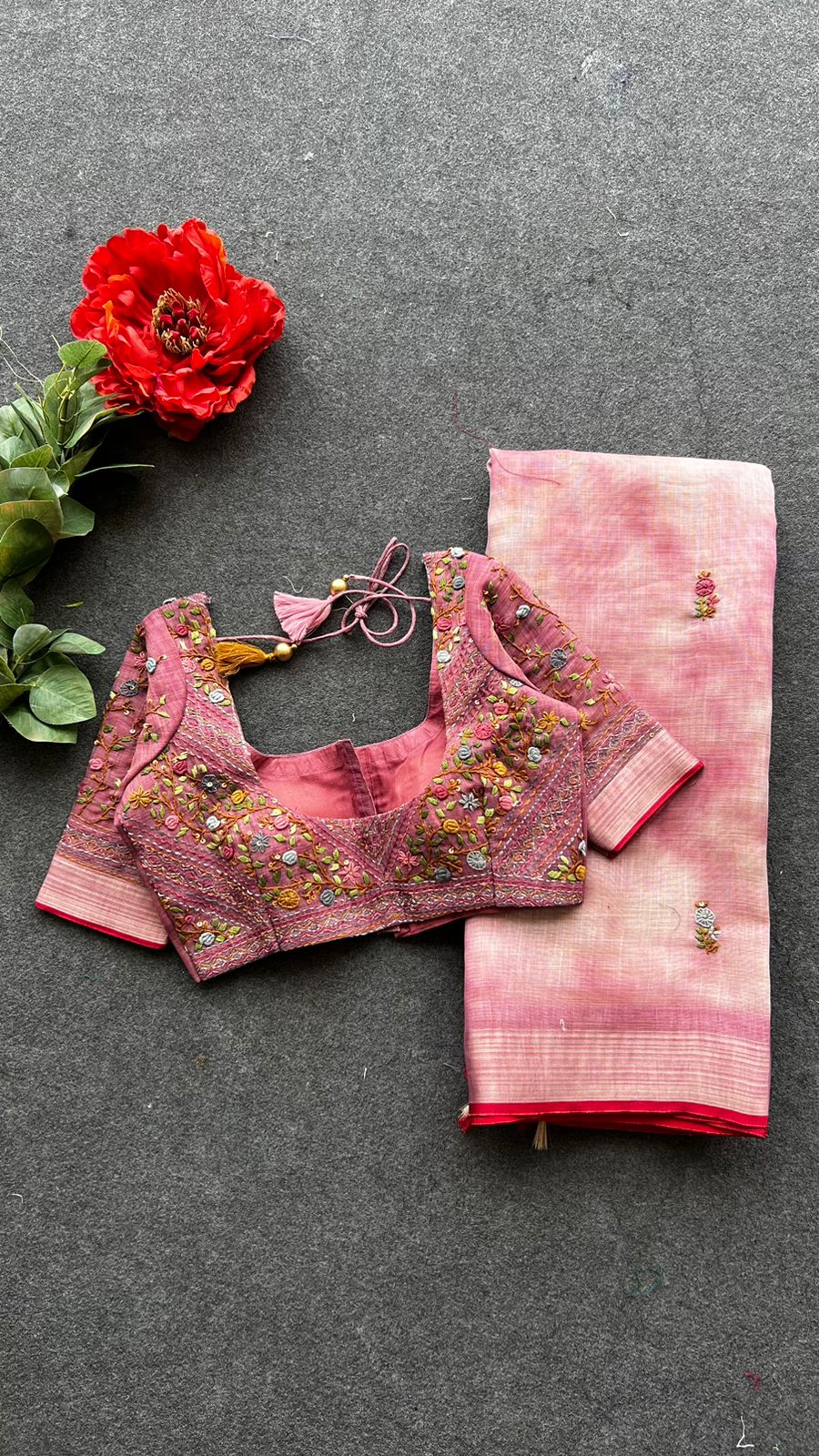 Pink linen thread hand worked saree & blouse