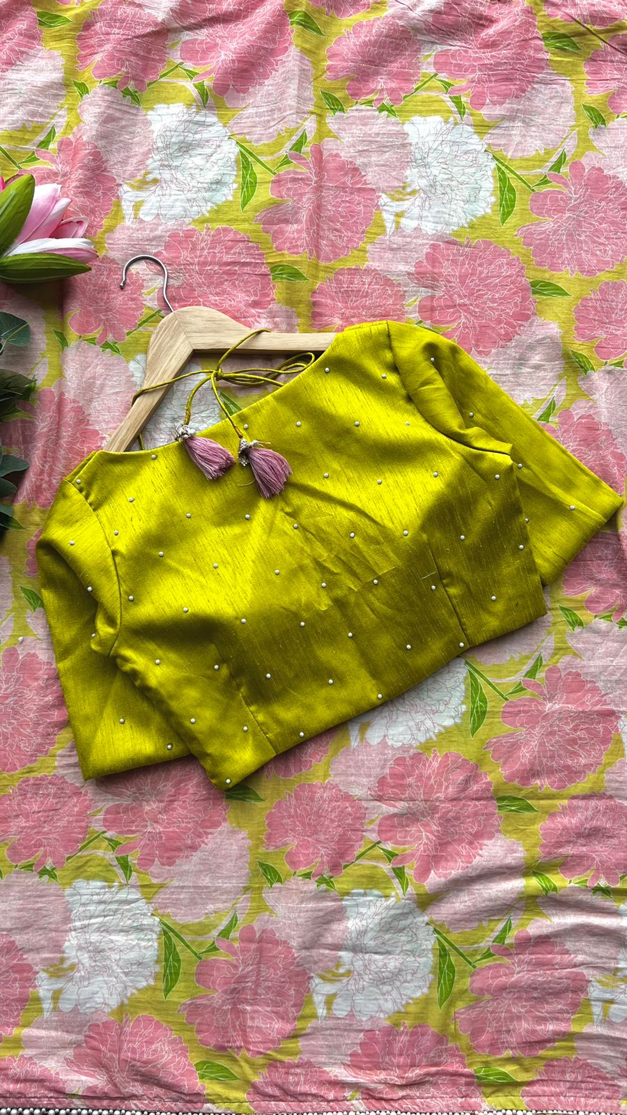 Pink floral cotton saree with lime yellow silk hand work blouse