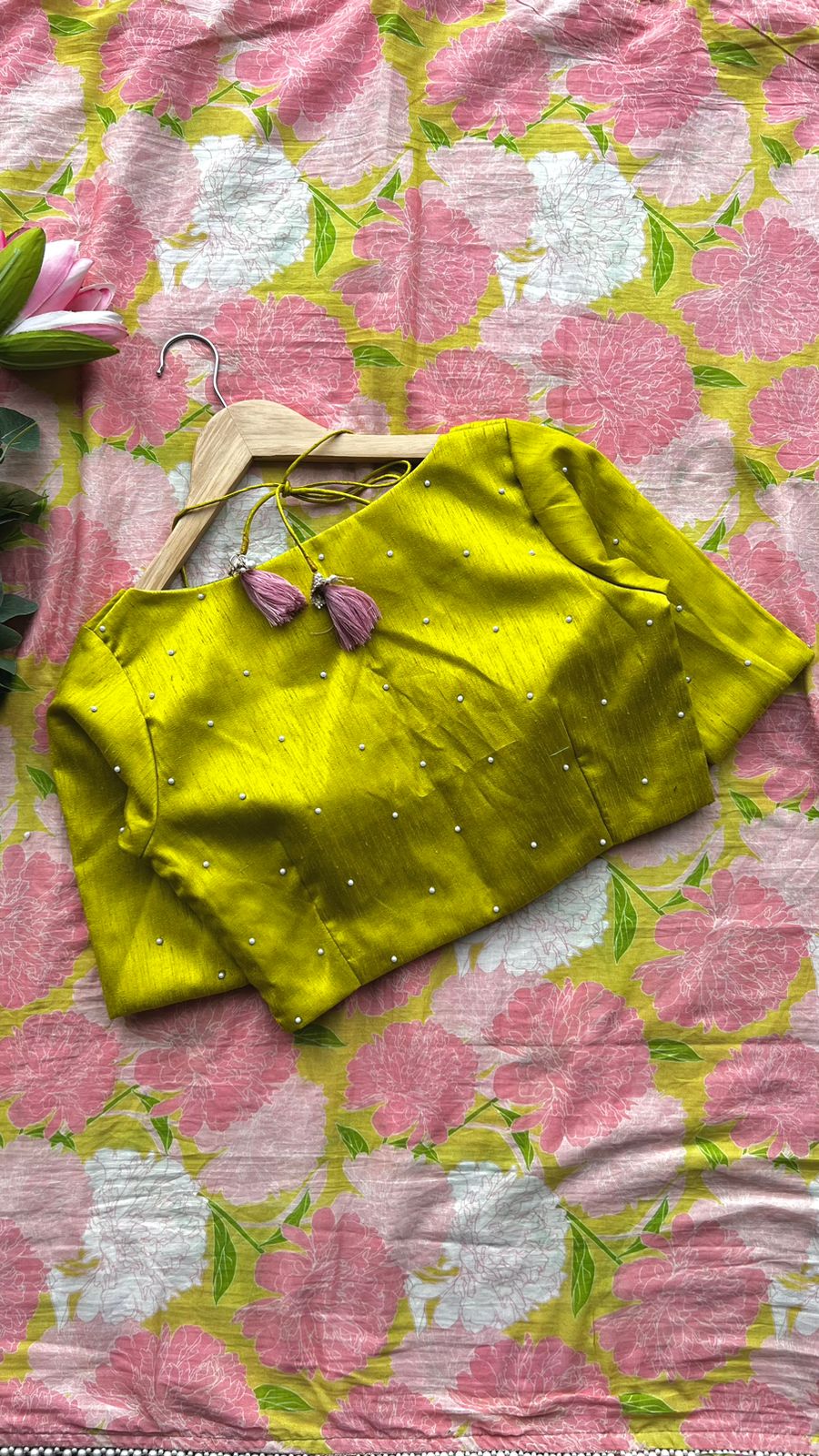 Lime yellow silk patterned & handwork blouse (only blouse)