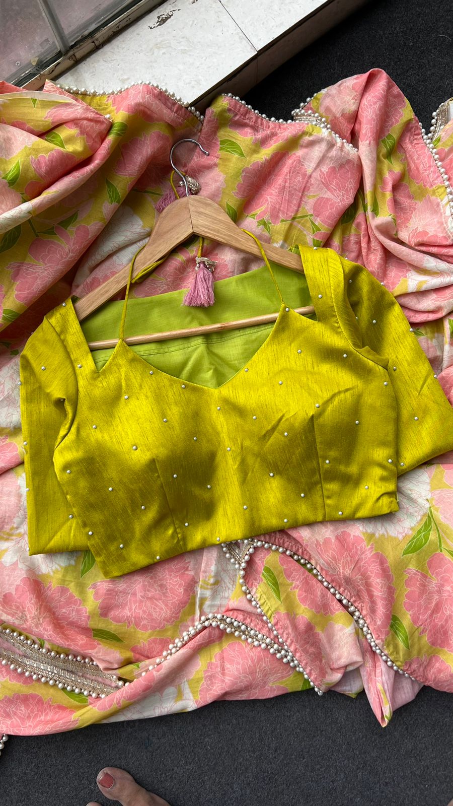 Lime yellow silk patterned & handwork blouse (only blouse)