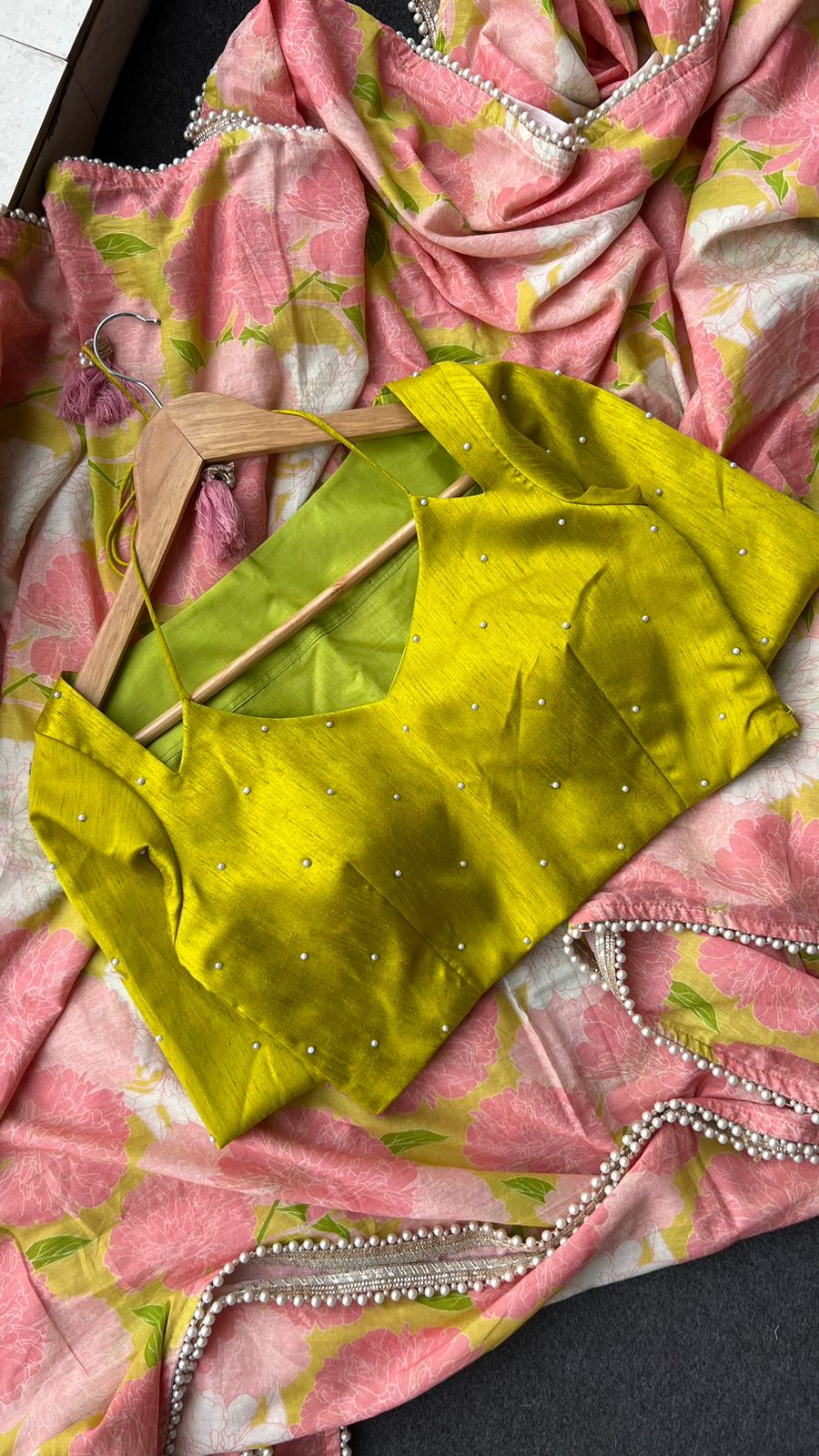 Lime yellow silk patterned & handwork blouse (only blouse)