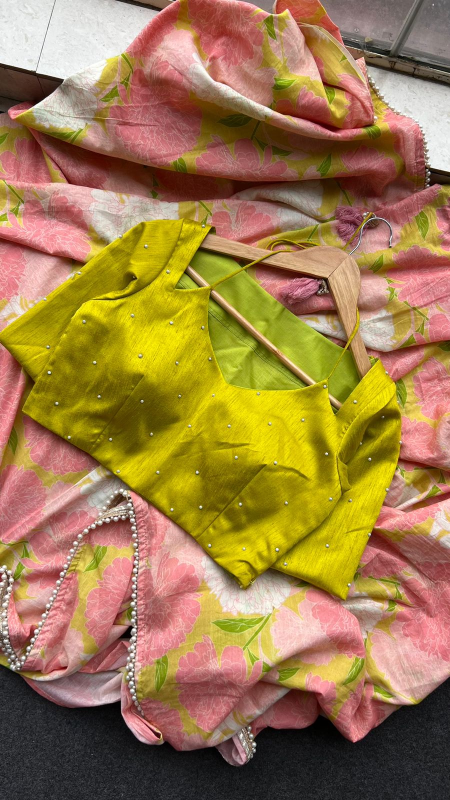 Pink floral cotton saree with lime yellow silk hand work blouse