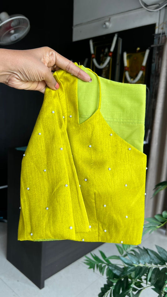 Lime yellow silk patterned & handwork blouse (only blouse)