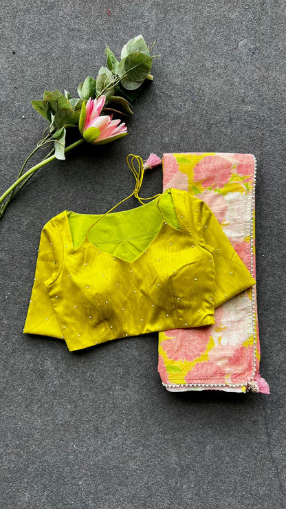 Lime yellow silk patterned & handwork blouse (only blouse)