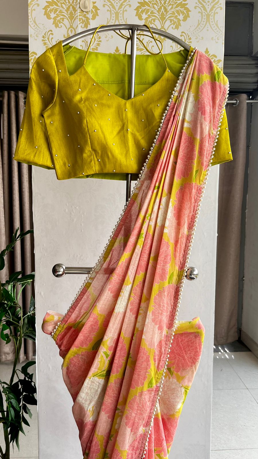 Pink floral cotton saree with lime yellow silk hand work blouse