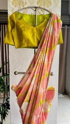 Pink floral cotton saree with lime yellow silk hand work blouse