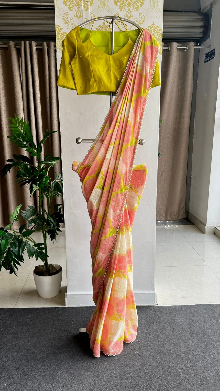 Lime yellow silk patterned & handwork blouse (only blouse)