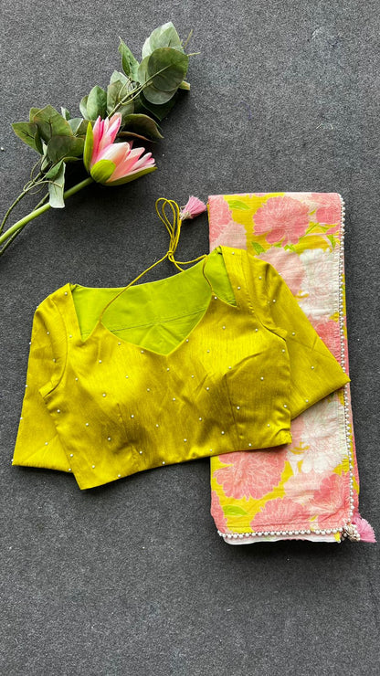 Lime yellow silk patterned & handwork blouse (only blouse)