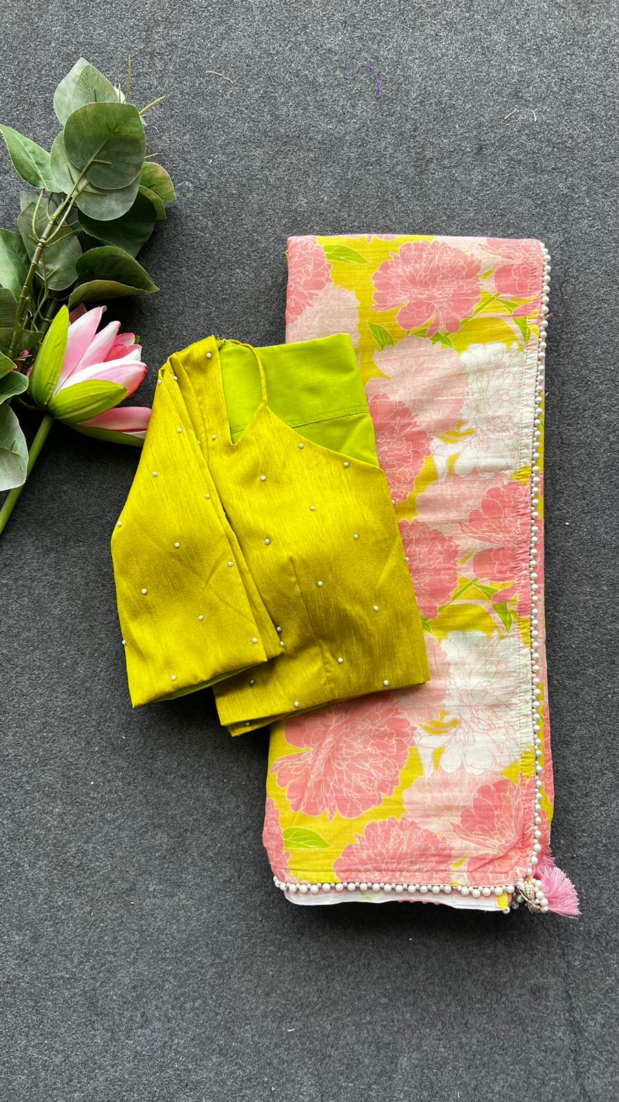 Pink floral cotton saree with lime yellow silk hand work blouse