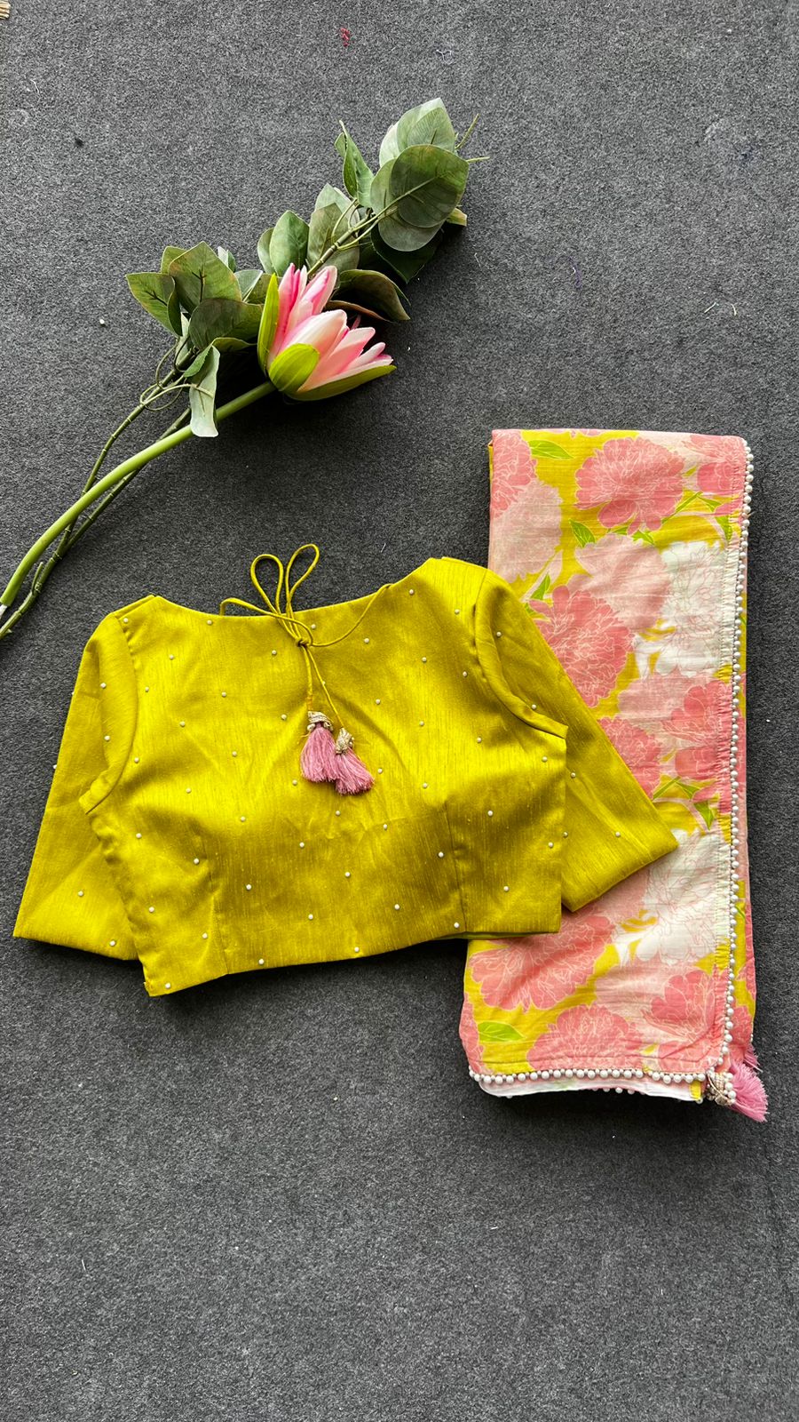 Pink floral cotton saree with lime yellow silk hand work blouse