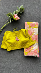 Pink floral cotton saree with lime yellow silk hand work blouse